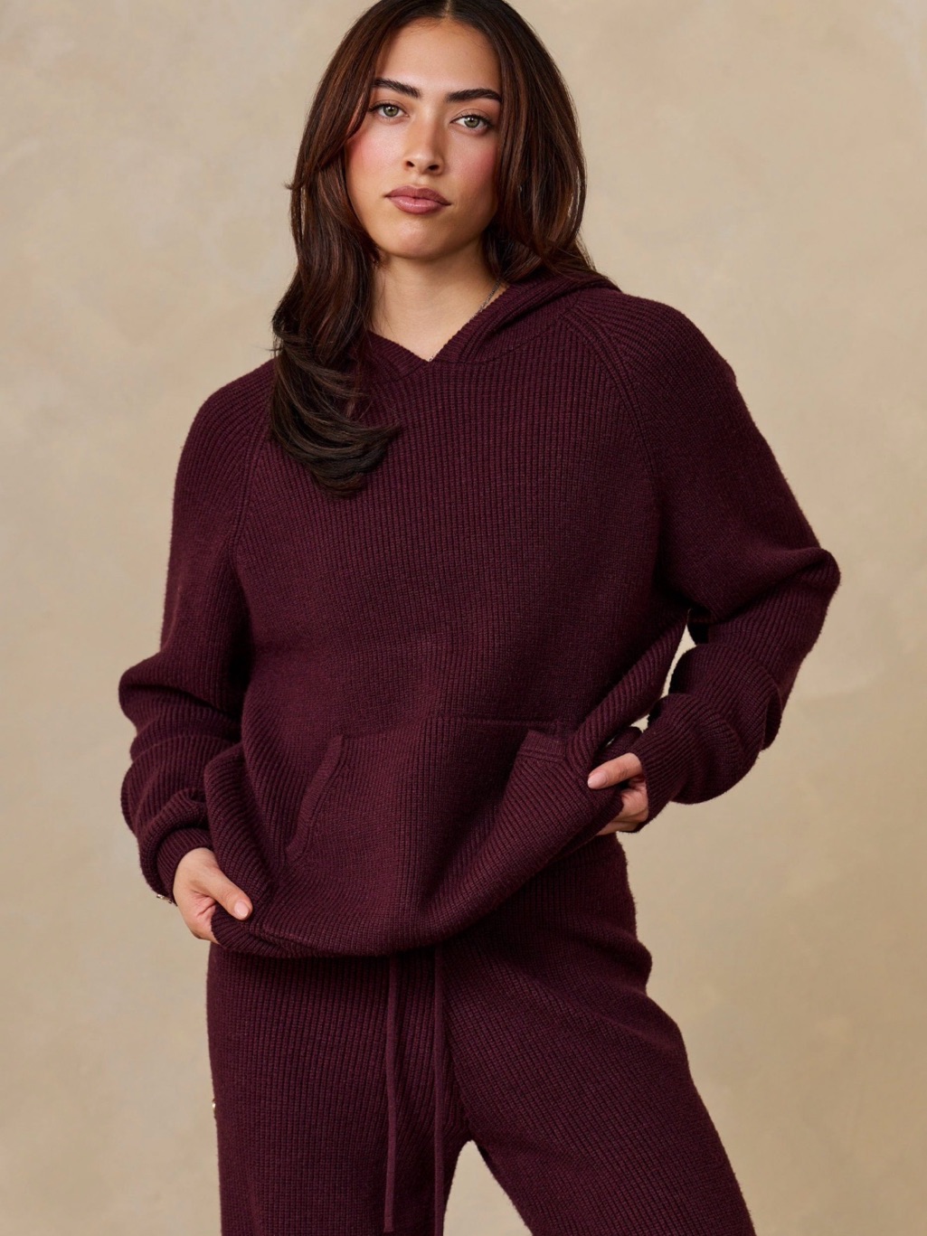 Youngla Women's Boot Cut & Flare Knit Hoodie Set In Deep Burgundy
